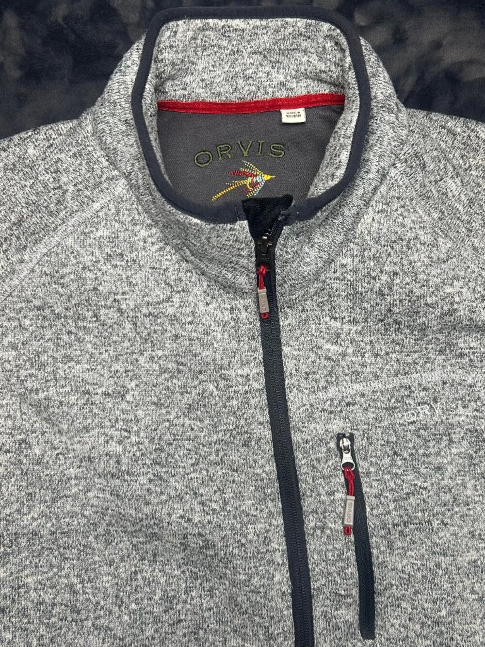 Orvis Full Zip Vest Xxl Heather Gray Navy Trim 100% Polyester Fleece Lined
